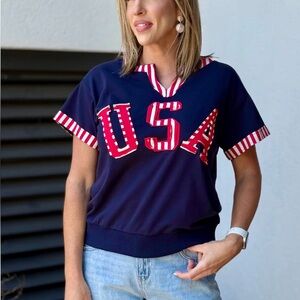 USA Oddi Coastal Patriot French Terry Top in Navy Red White Blue Large